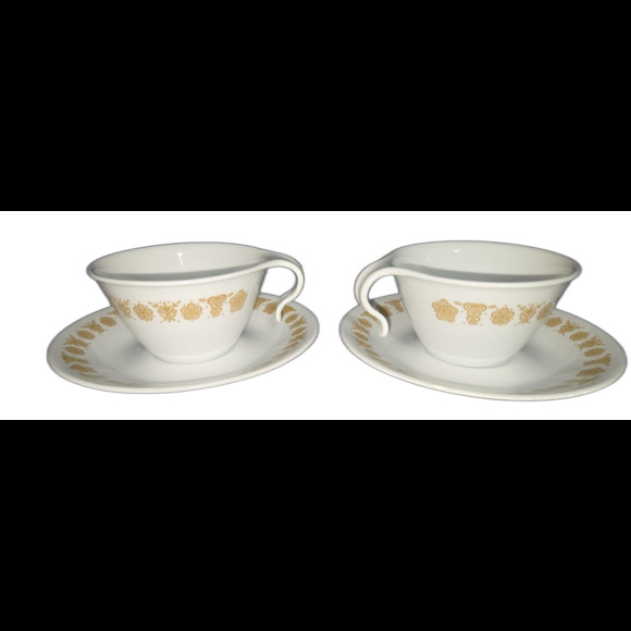 Vintage Corelle by CORNING Butterfly Gold Hook Handle Coffee Tea Cup And Saucers - Picture 1 of 7